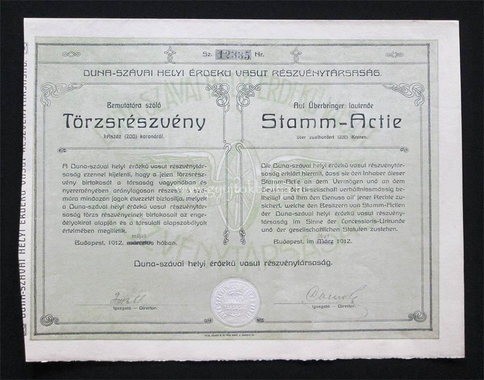Duna-Szávai Helyi Érdekű Vasút törzsrészvény 200 korona 1912